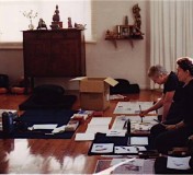 Sangha members enjoying calligraphy practise