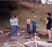 Sangha members chanting sutras as foundations are laid at Gorricks Run in the mid-80's